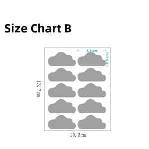 Size chart showing 5.0cm grey cloud wall stickers on a 13.7cm x 10.3cm vinyl sheet