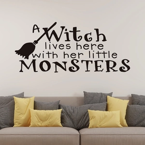 Halloween wall sticker with black witch broom and humor quote for living room decoration