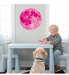 Glow-in-the-dark pink moon wall decal with detailed lunar texture for a nursery