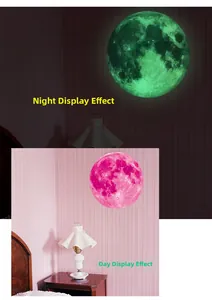 Luminous moon wall decal showing pink daytime color and green glowing effect at night
