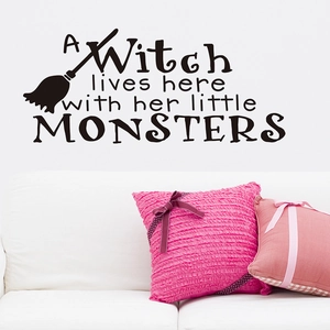 Halloween wall sticker with witch and monsters text and broom pattern for home decor