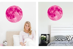 Detailed pink luminous moon wall sticker with realistic texture for bedroom decor