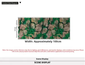 Detailed dimension guide for 3D faux stone wallpaper with green moss pattern, 100cm x 45cm