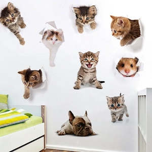 3D animal wall stickers featuring cute cats, dogs, and hamsters with a wall-breaking effect