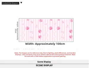 Detail view of pink rose wallpaper with vertical stripes measuring 100cm by 45cm