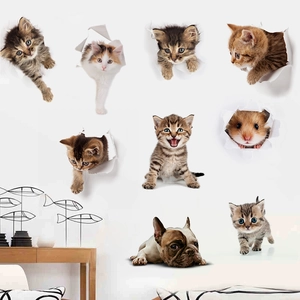 3D realistic animal wall stickers featuring cute cats, a French bulldog, and a hamster