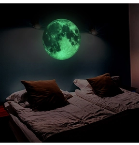 Close-up of glowing green moon wall decal with detailed lunar surface texture in the dark
