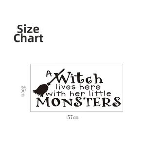 Size guide for Halloween wall sticker featuring witch broom and monster quote 57x25cm