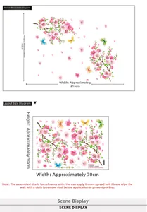 Detail view of pink peach blossom wall stickers showing 180x210cm layout with butterflies