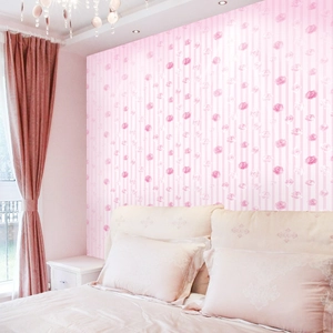 Pink floral stripe wallpaper with rose patterns for a cozy romantic bedroom wall decor