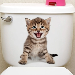 3D realistic brown tabby cat wall sticker applied on white toilet tank lid
