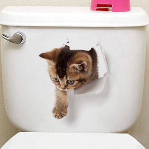 3D realistic brown cat wall sticker appearing to break through a white bathroom toilet tank