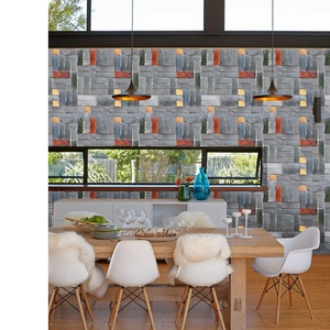 Self-adhesive stone brick wallpaper in grey and orange for modern living room decor