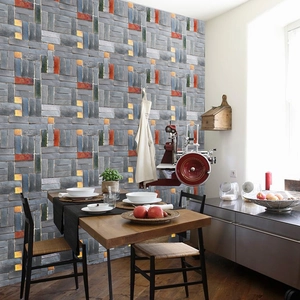 Modern industrial 3D stone brick wallpaper with blue and orange geometric textured tiles