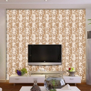 Beige and brown vertical stripe wallpaper with leaf pattern in modern living room