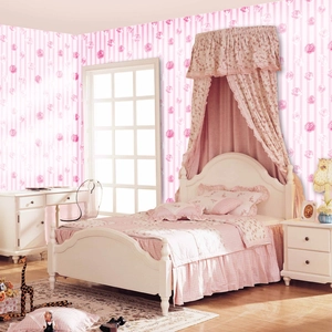 Pink and white striped wallpaper with rose flowers for a romantic European style bedroom