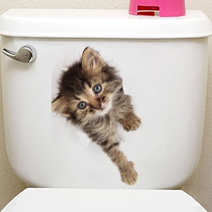 3D realistic brown tabby cat wall sticker with vivid broken wall effect for bathroom decor