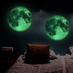 Green glowing luminous moon wall stickers with realistic lunar texture for bedroom decor