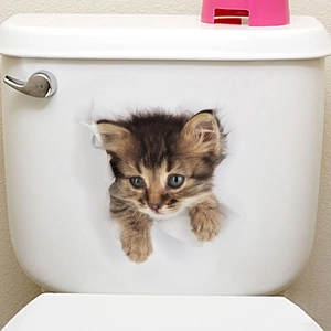 Detailed view of 3D cat wall sticker showing a realistic kitty popping out from the toilet
