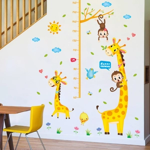 Cartoon animal growth height wall stickers with giraffes and monkeys for kids room