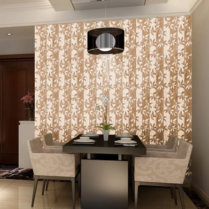 Self-adhesive wallpaper with leaf patterns and stripes in a modern dining room setting
