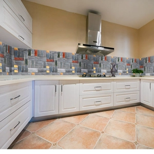 Waterproof grey brick wallpaper with orange accents for kitchen backsplashes and walls