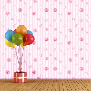 Pink striped self-adhesive wallpaper featuring violet roses and decorative gift box