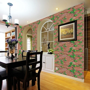 3D vintage red brick wallpaper with green ivy leaves for home interior wall decoration