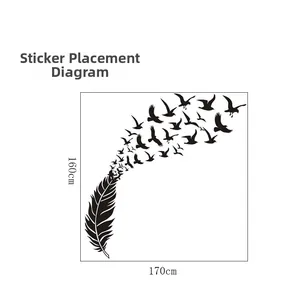 Detailed wall decal installation guide showing birds flying from a feather, 160x170cm