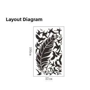 Detailed layout diagram of bird and feather wall decal measuring 100cm by 57cm
