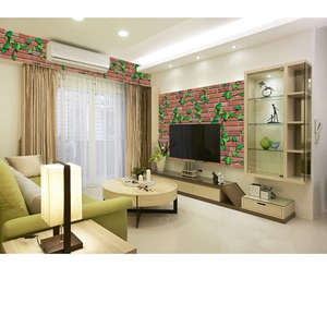3D realistic red brick wall sticker with green ivy leaves for living room wall decoration