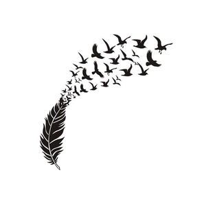 Minimalist black vinyl wall decal featuring feather transforming into flying birds