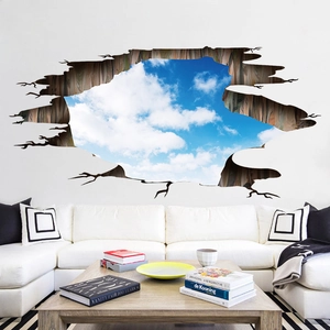 3D sky and clouds self-adhesive PVC floor wall sticker with realistic broken wall effect