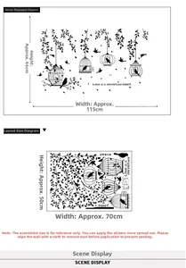 Detail view of birdcage wall sticker layout and dimensions showing the applied 115x66cm size