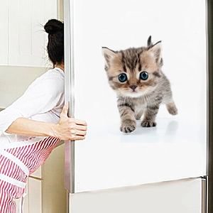 Detailed 3D cat wall sticker showing a realistic tabby kitten emerging from a white fridge