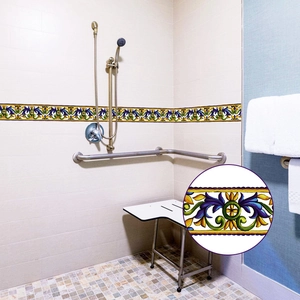 Mediterranean floral tile border sticker with blue and yellow patterns in a bathroom