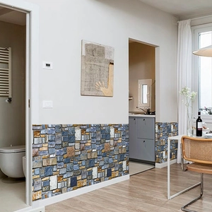 Self-adhesive 3D stone brick wall sticker in blue and grey for modern home decoration