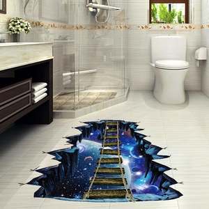 3D space bridge floor sticker showing galaxy nebula and suspension bridge over a void