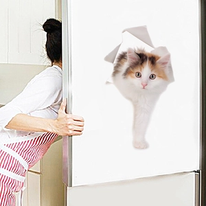 3D peekaboo calico cat wall sticker mural on a white refrigerator for home decor