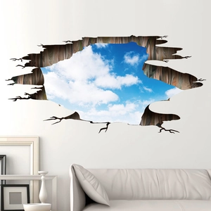 3D broken wall effect wall sticker with blue sky and white clouds for living room decor