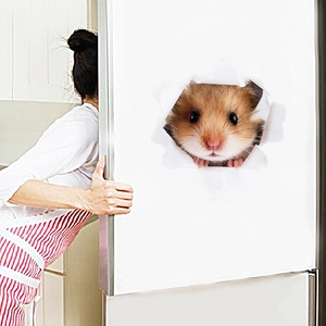 3D hamster wall sticker peeking from a paper hole on a white refrigerator surface
