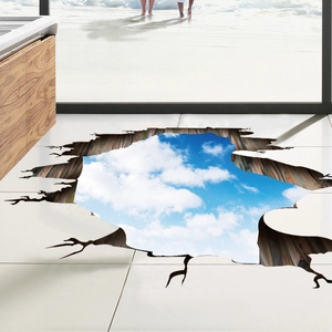 3D sky and white clouds self-adhesive PVC floor sticker with realistic broken ground effect