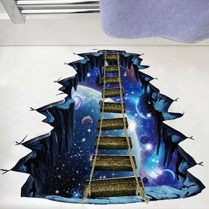 Detail showing 3D planet suspension bridge floor sticker with realistic PVC texture