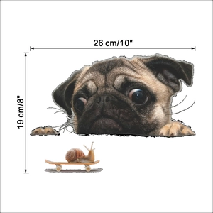 Macro view of 3D pug and snail waterproof decal showing detailed dimensions 26cm by 19cm