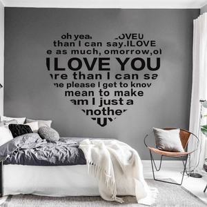 Creative black heart-shaped wall sticker with I Love You lettering for bedroom decor