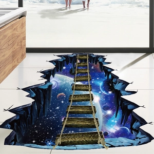 3D celestial cosmic abyss floor sticker with suspension bridge on smooth tile