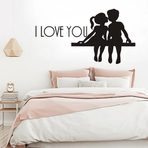 Sticker mural romantique silhouette noire avec couple sur banc et texte I LOVE YOU décor