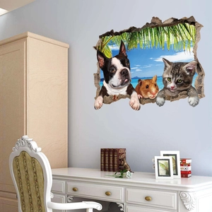 Creative 3D wall sticker with cat dog and hamster looking through tropical beach wall hole