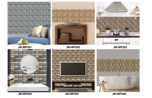 Collage of six 3D brick and wood textured self-adhesive wallpapers for home renovation