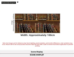 Self-adhesive vintage bookshelf wall sticker measuring 100cm width by 45cm height